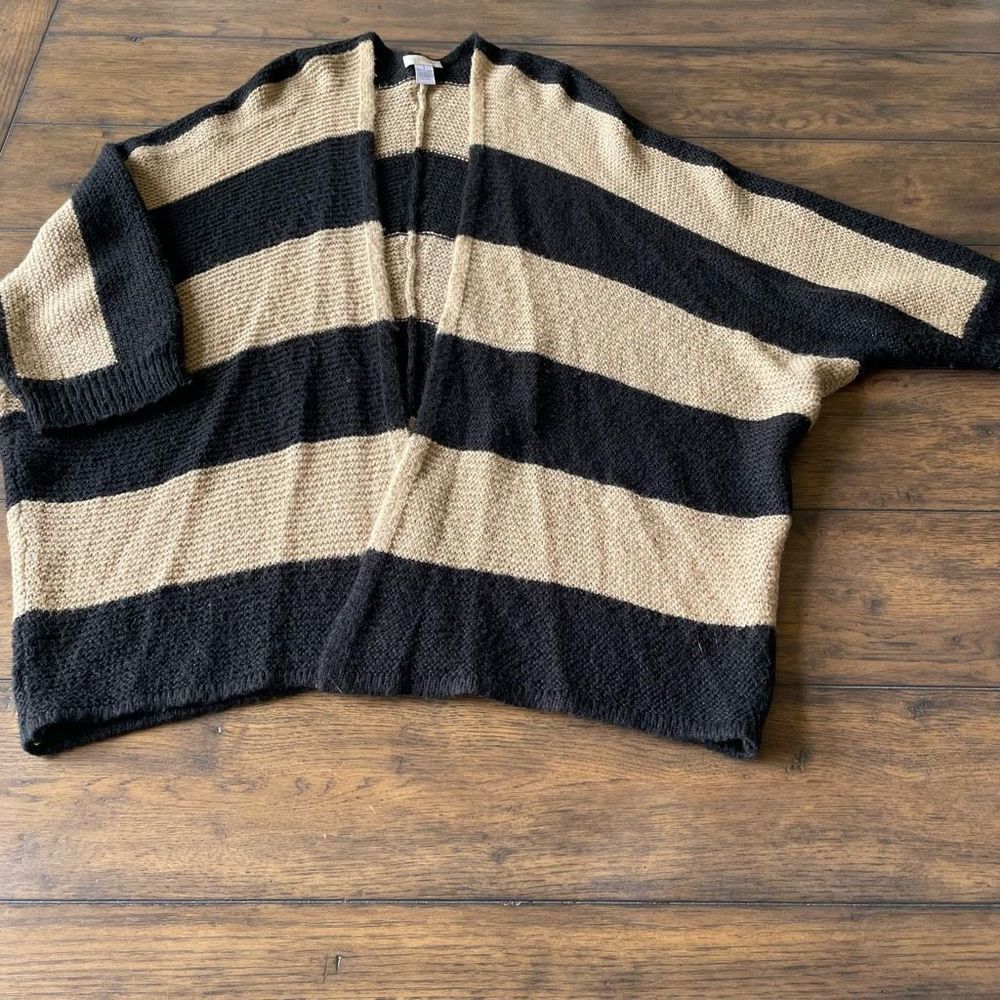 Chico’s Women’s Open Front Cardigan Sweater Tan Gold Black Striped Medium (8) - Picture 3 of 8